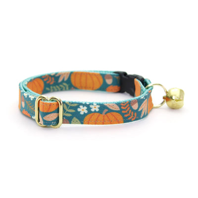 Cat Collar and Bunny Ear Bow Set - "Pumpkin Patch - Teal" - Fall Pumpkin Cat Collar w/ Matching Bunny Bow Tie / Thanksgiving / Cat, Kitten + Small Dog Sizes