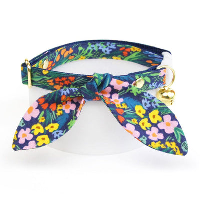 Cat Collar and Bunny Ear Bow Set - "Fantasia - Night" - Rifle Paper Co® Blue Floral Cat Collar w/ Matching Bunny Bow Tie / Cat, Kitten + Small Dog Sizes