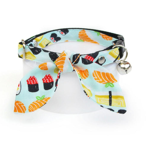 Cat Collar and Bunny Ear Bow Set - "Sushi Date" - Japanese Food Sushi Cat Collar w/ Matching Bunny Bow Tie / Cat, Kitten + Small Dog Sizes