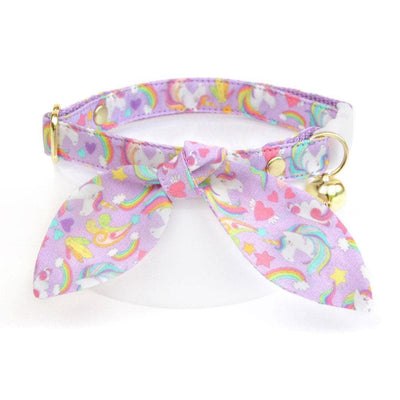 Cat Collar and Bunny Ear Bow Set - "Unicorn Fantasy" - Light Purple Unicorn Cat Collar w/ Matching Bunny Bow Tie / Cat, Kitten + Small Dog Sizes