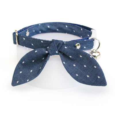 Cat Collar and Bunny Ear Bow Set - "Weekend" - Chambray Denim Blue Polka Dot Cat Collar w/ Matching Bunny Bow Tie / Cat, Kitten + Small Dog Sizes