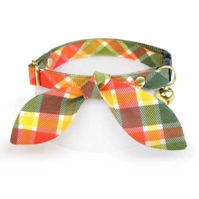 Cat Collar and Bunny Ear Bow Set - "Apple Crisp" - Red Yellow & Green Plaid Cat Collar w/ Matching Bunny Bow Tie / Fall + Thanksgiving / Cat, Kitten + Small Dog Sizes