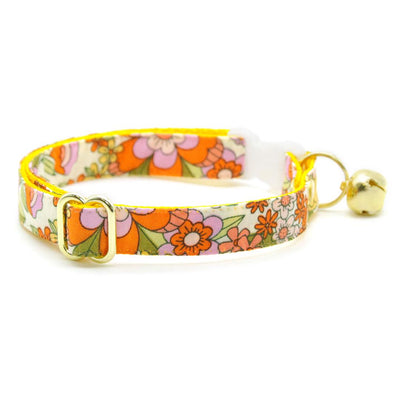 Cat Collar and Bunny Ear Bow Set - "Groovy Garden" - Yellow Retro Floral Cat Collar w/ Matching Bunny Bow Tie / Fall, Spring, Summer / Cat, Kitten + Small Dog Sizes