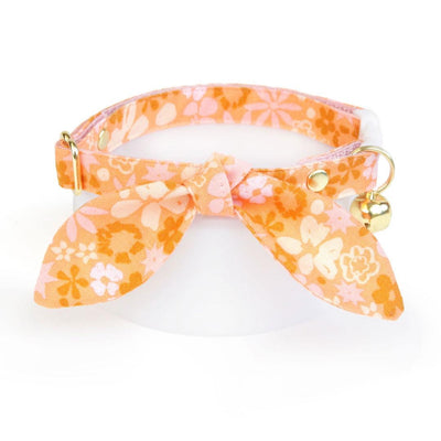 Cat Collar and Bunny Ear Bow Set - "Peachy Keen" - Pink Orange Retro Floral Cat Collar w/ Matching Bunny Bow Tie / Fall, Spring / Cat, Kitten + Small Dog Sizes