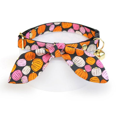 Cat Collar and Bunny Ear Bow Set - "Pumpkin Toss" - Orange Pink Pumpkin Cat Collar w/ Matching Bunny Bow Tie / Fall + Halloween / Cat, Kitten + Small Dog Sizes