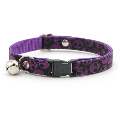 Cat Collar and Bunny Ear Bow Set - "Lydia" - Purple Skull Cat Collar w/ Matching Bunny Bow Tie / Halloween, Goth, Witchy / Cat, Kitten + Small Dog Sizes