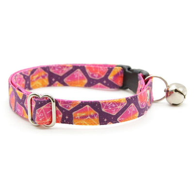 DnD Cat Collar + Flower Set - "Magic Dice - Magenta" - D20 Cat Collar w/ Plum Felt Flower (Detachable) / Cat, Kitten + Small Dog Sizes