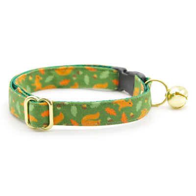 Fall Cat Collar + Flower Set - "Squirrel Bounty" - Acorn Green Squirrel Cat Collar w/ Orange Felt Flower (Detachable) / Cat, Kitten + Small Dog Sizes