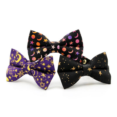 Moon Cat Bow Tie - "Cosmic" -  Black Celestial Starry Moon Bow Tie for Cat / Moon Phases, Luna, Stars / Cat + Small Dog Bowtie