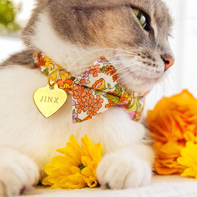 Bow Tie Cat Collar Set - "Groovy Garden" - Yellow Orange Retro Floral Cat Collar with Bow Tie / Cat, Kitten, Small Dog Sizes