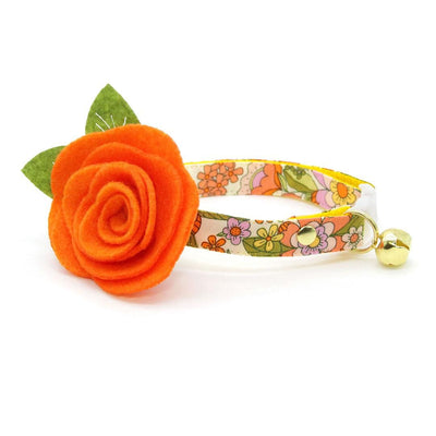 Cat Collar + Flower Set - "Groovy Garden" - Retro Floral Cat Collar w/ Orange Felt Flower (Detachable) / Cat, Kitten + Small Dog Sizes