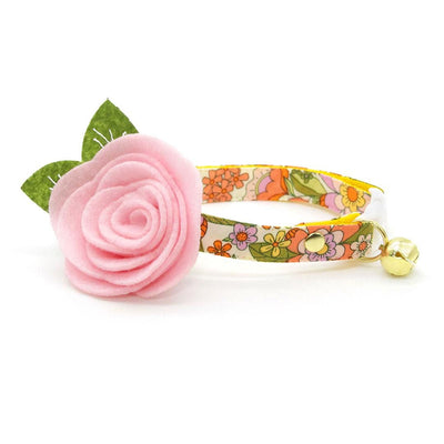 Cat Collar + Flower Set - "Groovy Garden" - Retro Floral Cat Collar w/ Baby Pink Felt Flower (Detachable) / Cat, Kitten + Small Dog Sizes