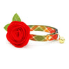 Cat Collar + Flower Set - "Apple Crisp" - Green Plaid Cat Collar w/ Scarlet Red Felt Flower (Detachable) / Cat, Kitten + Small Dog Sizes