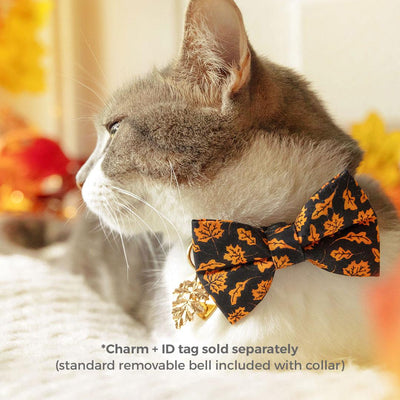 Bow Tie Cat Collar Set - "Autumn Night" - Fall Leaves Black Orange Cat Collar with Bow Tie / Halloween, Maple Leaf / Cat, Kitten, Small Dog Sizes