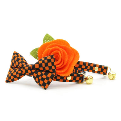 Cat Bow Tie - "Punk Rock Halloween" - Black Orange Checkered Bow Tie for Cat / Edgy, Check, Skater, Emo, Checkerboard / Cat + Small Dog Bowtie