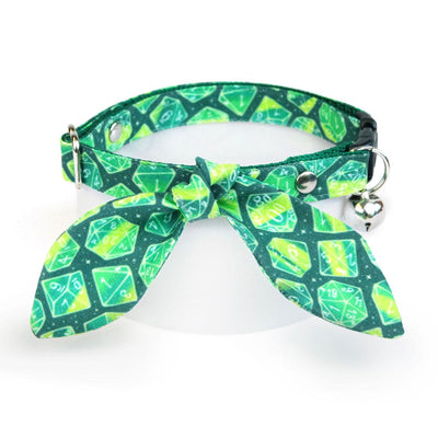 Cat Collar and Bunny Ear Bow Set - "Magic Dice - Green" - DnD Cat Collar w/ Matching Bunny Bow Tie / D20 Dungeons and Dragons D&D  / Cat, Kitten + Small Dog Sizes