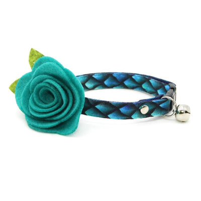 Dragon Cat Collar + Flower Set - "Dragon Scales - Blue" - Fantasy Cat Collar w/ Teal Felt Flower (Detachable) / Cat, Kitten + Small Dog Sizes