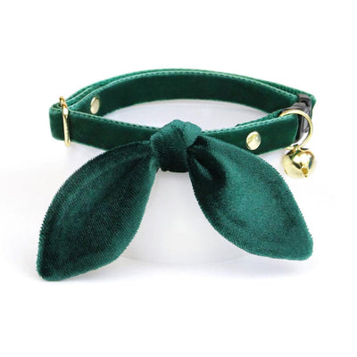 Cat Collar and Bunny Ear Bow Set - "Velvet - Hunter Green" - Dark Green Velvet Cat Collar w/ Matching Bunny Bow Tie / Christmas, Holiday, Wedding + Birthday / Cat, Kitten + Small Dog Sizes