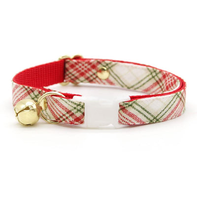 Cat Collar and Bunny Ear Bow Set - "Aspen" - Ivory & Red Holiday Plaid Cat Collar w/ Matching Bunny Bow Tie / Christmas / Cat, Kitten + Small Dog Sizes