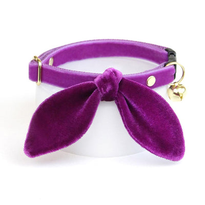 Cat Collar and Bunny Ear Bow Set - "Velvet - Orchid" -  Vibrant Purple Velvet Cat Collar w/ Matching Bunny Bow Tie / Wedding + Birthday / Cat, Kitten + Small Dog Sizes