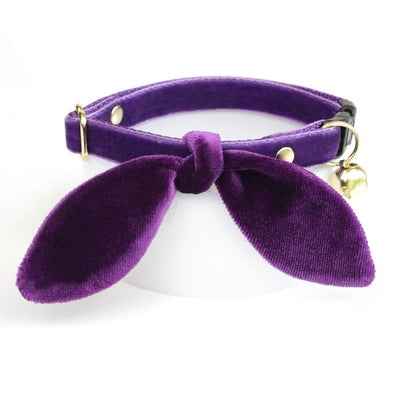 Cat Collar and Bunny Ear Bow Set - "Velvet - Royal Purple" -  Dark Purple Velvet Cat Collar w/ Matching Bunny Bow Tie / Wedding + Birthday / Cat, Kitten + Small Dog Sizes