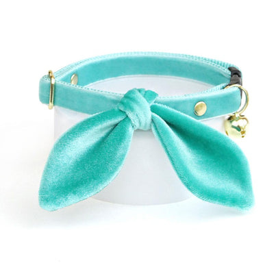 Cat Collar and Bunny Ear Bow Set - "Velvet - Seafoam" - Turquoise / Robin's Egg Mint Velvet Cat Collar w/ Matching Bunny Bow Tie / Wedding + Birthday / Cat, Kitten + Small Dog Sizes