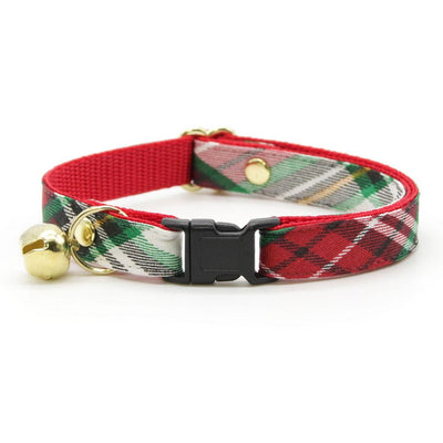 Cat Collar and Bunny Ear Bow Set - "Birchwood" - Red Green White Holiday Plaid Cat Collar w/ Matching Bunny Bow Tie / Christmas / Cat, Kitten + Small Dog Sizes