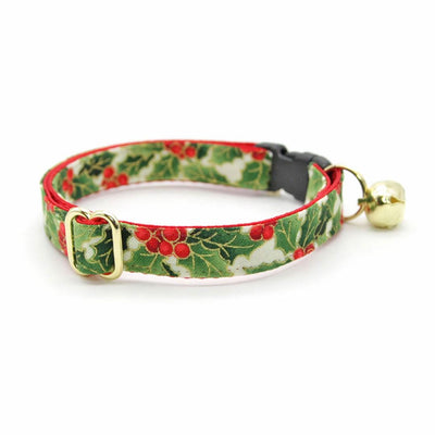 Cat Collar and Bunny Ear Bow Set - "Holiday Holly" - Green Garlands & Red Berries Cat Collar w/ Matching Bunny Bow Tie / Christmas / Cat, Kitten + Small Dog Sizes