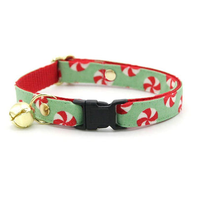 Cat Collar and Bunny Ear Bow Set - "Peppermint Twist" - Christmas Red & Green Holiday Cat Collar w/ Matching Bunny Bow Tie / Cat, Kitten + Small Dog Sizes