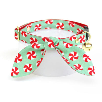 Cat Collar and Bunny Ear Bow Set - "Peppermint Twist" - Christmas Red & Green Holiday Cat Collar w/ Matching Bunny Bow Tie / Cat, Kitten + Small Dog Sizes