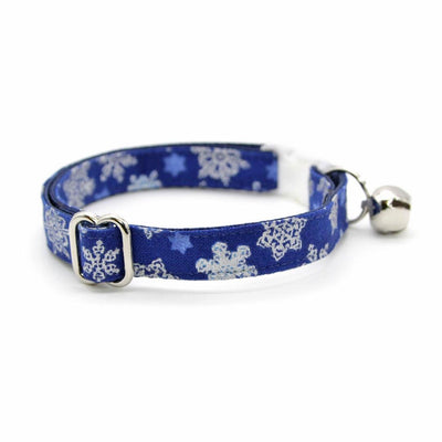 Cat Collar and Bunny Ear Bow Set - "Shimmering Snowflakes - Blue" - Silver & Blue Winter Holiday Cat Collar w/ Matching Bunny Bow Tie / Solstice / Cat, Kitten + Small Dog Sizes