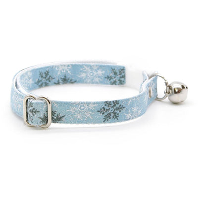 Cat Collar and Bunny Ear Bow Set - "Snowflakes - Frosty Blue" - Light Blue Snow Winter Cat Collar w/ Matching Bunny Bow Tie / Christmas, Holiday / Cat, Kitten + Small Dog Sizes