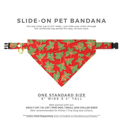 Holiday Cat Bandana - "Crimson Berry" - Christmas Red, Green & Gold Holly Bandana for Cat + Small Dog / Slide-On Over the Collar Bandana