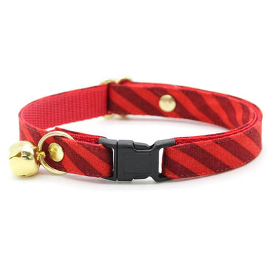 Cat Collar + Flower Set - "Festive Cranberry" - Red Striped Christmas Cat Collar w/ Scarlet Red Felt Flower (Detachable) / Cat, Kitten + Small Dog Sizes