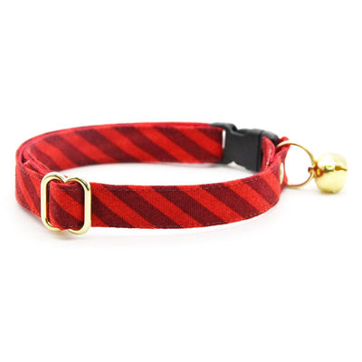 Cat Collar + Flower Set - "Festive Cranberry" - Red Striped Christmas Cat Collar w/ Scarlet Red Felt Flower (Detachable) / Cat, Kitten + Small Dog Sizes