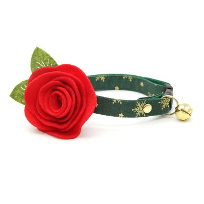 Cat Collar + Flower Set - "Juniper" - Christmas Green & Gold Snowflakes Cat Collar w/ Scarlet Red Felt Flower (Detachable) / Cat, Kitten + Small Dog Sizes