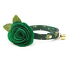 Cat Collar + Flower Set - "Juniper" - Green & Gold Snowflakes Cat Collar w/ Clover Green Felt Flower (Detachable) / Cat, Kitten + Small Dog Sizes