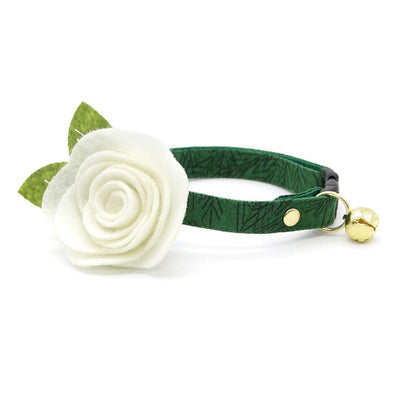 Cat Collar + Flower Set - "Cedar Lodge" - Forest Pine Green Cat Collar w/ Ivory Felt Flower (Detachable) / Cat, Kitten + Small Dog Sizes