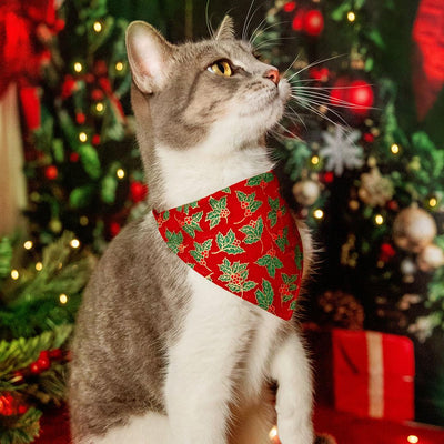 Holiday Cat Bandana - "Crimson Berry" - Christmas Red, Green & Gold Holly Bandana for Cat + Small Dog / Slide-On Over the Collar Bandana