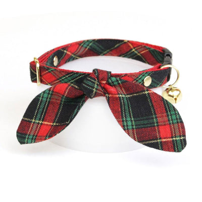 Cat Collar and Bunny Ear Bow Set - "Telluride" - Rustic Christmas Holiday Plaid Cat Collar w/ Matching Bunny Bow Tie / Cat, Kitten + Small Dog Sizes