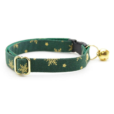 Cat Collar and Bunny Ear Bow Set - "Juniper" - Green & Gold Snowflake Cat Collar w/ Matching Bunny Bow Tie / Christmas, Holiday / Cat, Kitten + Small Dog Sizes