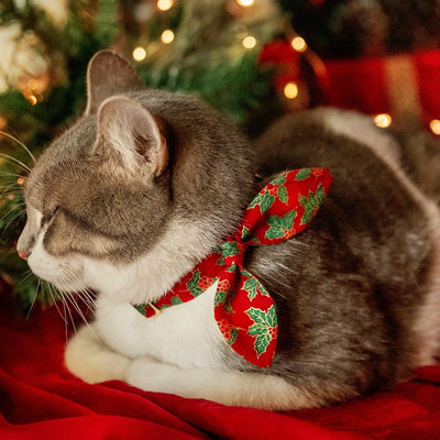 Cat Collar and Bunny Ear Bow Set - "Crimson Berry" - Red Holly Cat Collar w/ Matching Bunny Bow Tie / Christmas, Holiday / Cat, Kitten + Small Dog Sizes