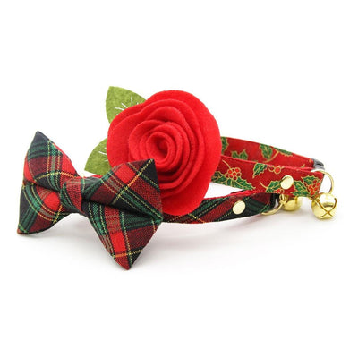 Cat Collar + Flower Set - "Crimson Berry" - Red Holly Cat Collar w/ Scarlet Red Felt Flower (Detachable) / Cat, Kitten + Small Dog Sizes