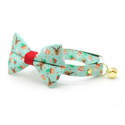 Bow Tie Cat Collar Set - "Dear Santa" -  Mint Elves, Reindeer & Santa Cat Collar with Bow Tie / Christmas Holiday / Cat, Kitten, Small Dog Sizes