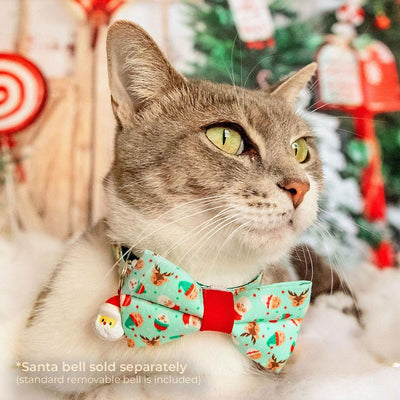 Bow Tie Cat Collar Set - "Dear Santa" -  Mint Elves, Reindeer & Santa Cat Collar with Bow Tie / Christmas Holiday / Cat, Kitten, Small Dog Sizes