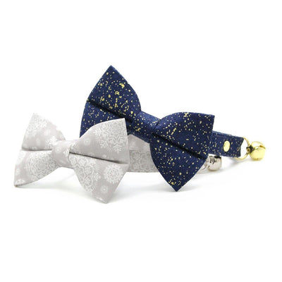 Bow Tie Cat Collar Set - "Snowy Cottage" - Light Gray & White Snowflake Cat Collar with Bow Tie / Winter, Holiday, Snow, Wedding / Cat, Kitten, Small Dog Sizes