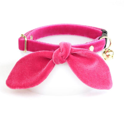 Cat Collar and Bunny Ear Bow Set - "Velvet - Azalea" - Vibrant Magenta Pink Velvet Cat Collar w/ Matching Bunny Bow Tie / Wedding + Birthday / Cat, Kitten + Small Dog Sizes