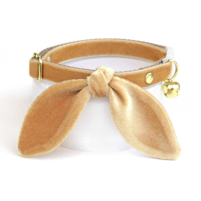 Cat Collar and Bunny Ear Bow Set - "Velvet - Caramel" - Light Toffee Brown / Gold Velvet Cat Collar w/ Matching Bunny Bow Tie / Wedding + Birthday / Cat, Kitten + Small Dog Sizes