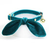 Cat Collar and Bunny Ear Bow Set - "Velvet - Ocean Teal" -  Blue Green Teal Velvet Cat Collar w/ Matching Bunny Bow Tie / Wedding + Birthday / Cat, Kitten + Small Dog Sizes