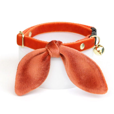 Cat Collar and Bunny Ear Bow Set - "Velvet - Roasted Pumpkin" - Copper Burnt Orange Velvet Cat Collar w/ Matching Bunny Bow Tie / Fall, Wedding + Birthday / Cat, Kitten + Small Dog Sizes